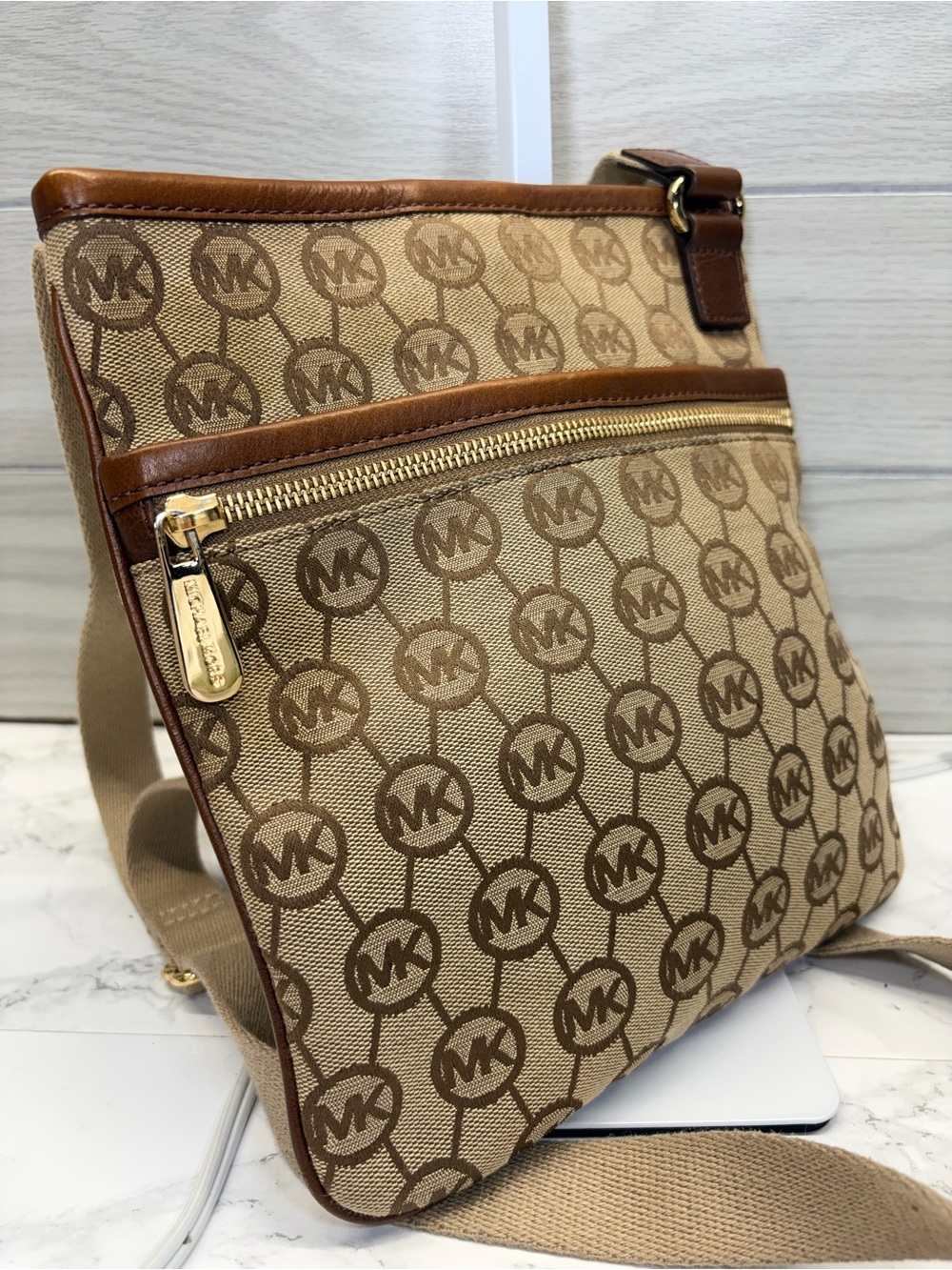 Michael Kors Beige and Brown Signature Messenger Bag